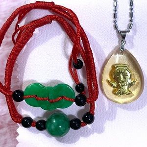 Gorgeous 24K Gold Foil Baby Angel Wing Charm Pendant Necklace Jade Bracelet